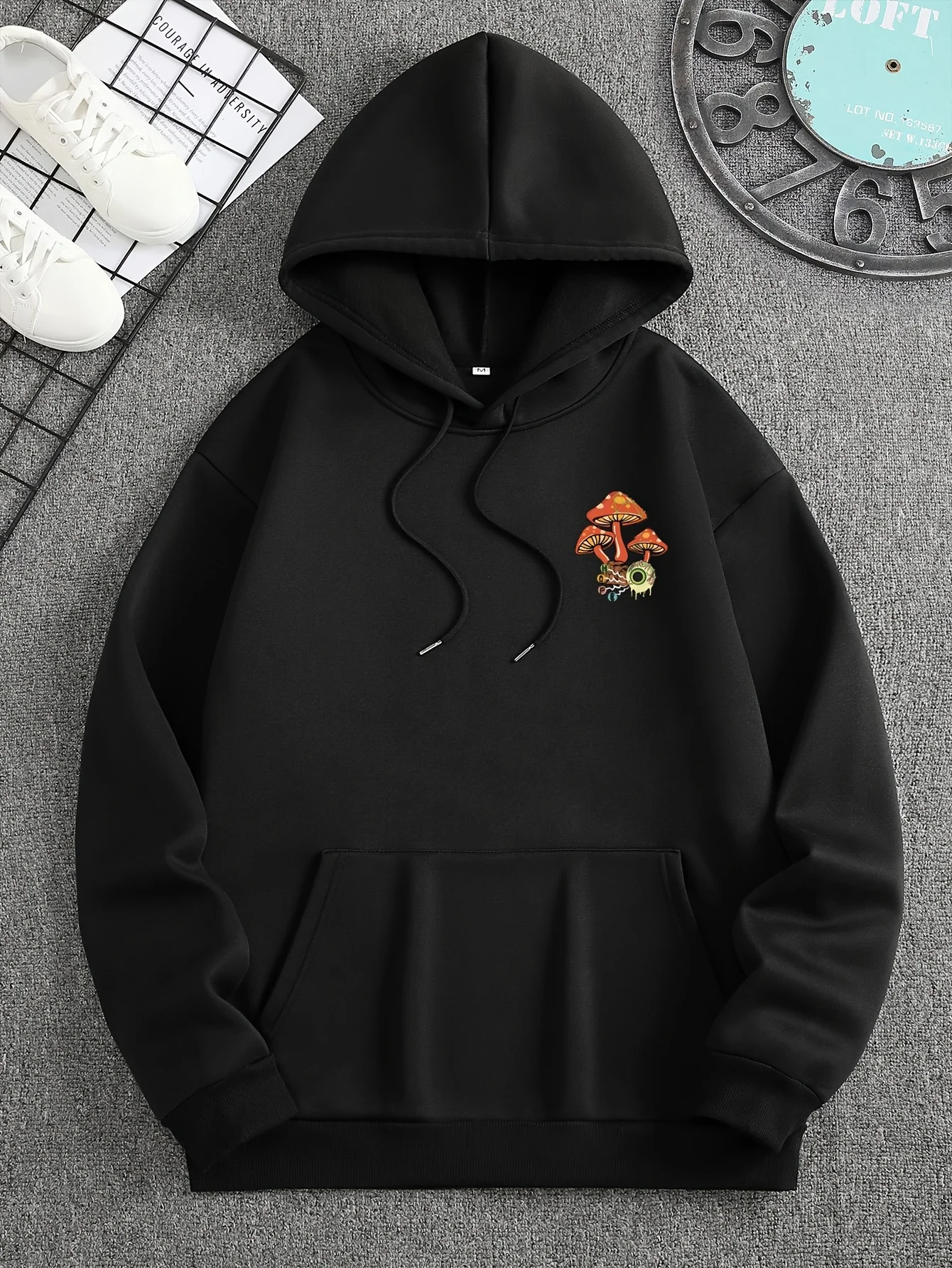 Retro quirky men's pullover hooded shirt with trendy mushroom eye-catching art pattern and relaxed fit casual hoodie shirt