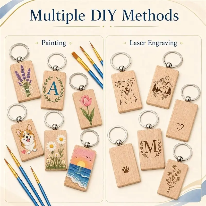 【CYBER MONDAY】Unfinished Wooden Keychain Blanks 50 Pcs Bulk, Rectangle Wood Woodlaser For DIY Crafts Gift With Oil Painting Brus