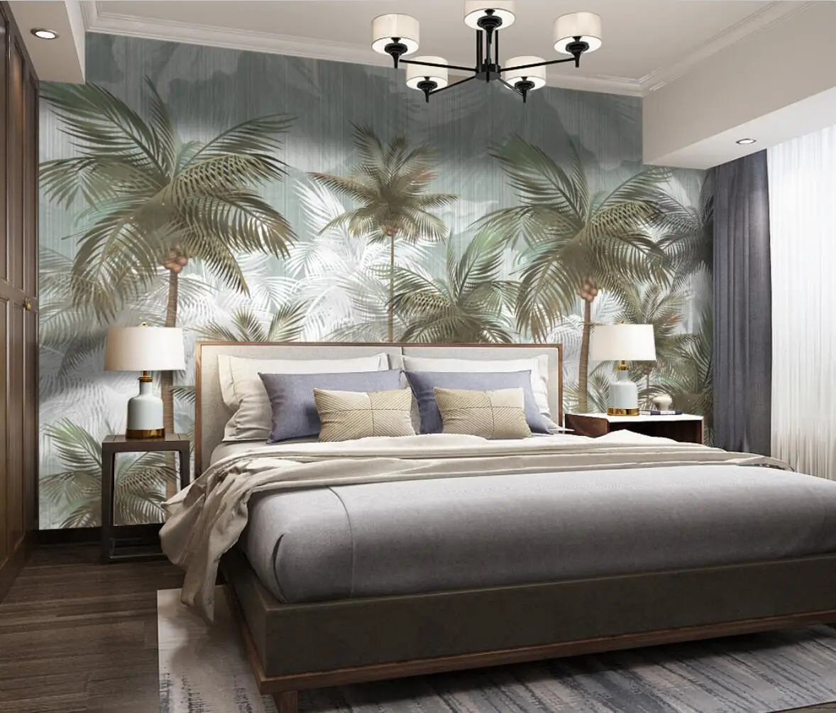 beibehang Custom wallpaper 3d mural green retro tropical leaves hand painted plant background wall luxury home decoration