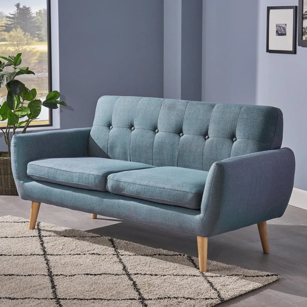 Josephine Mid-Century Modern Petite Fabric Sofa, Blue / Natural