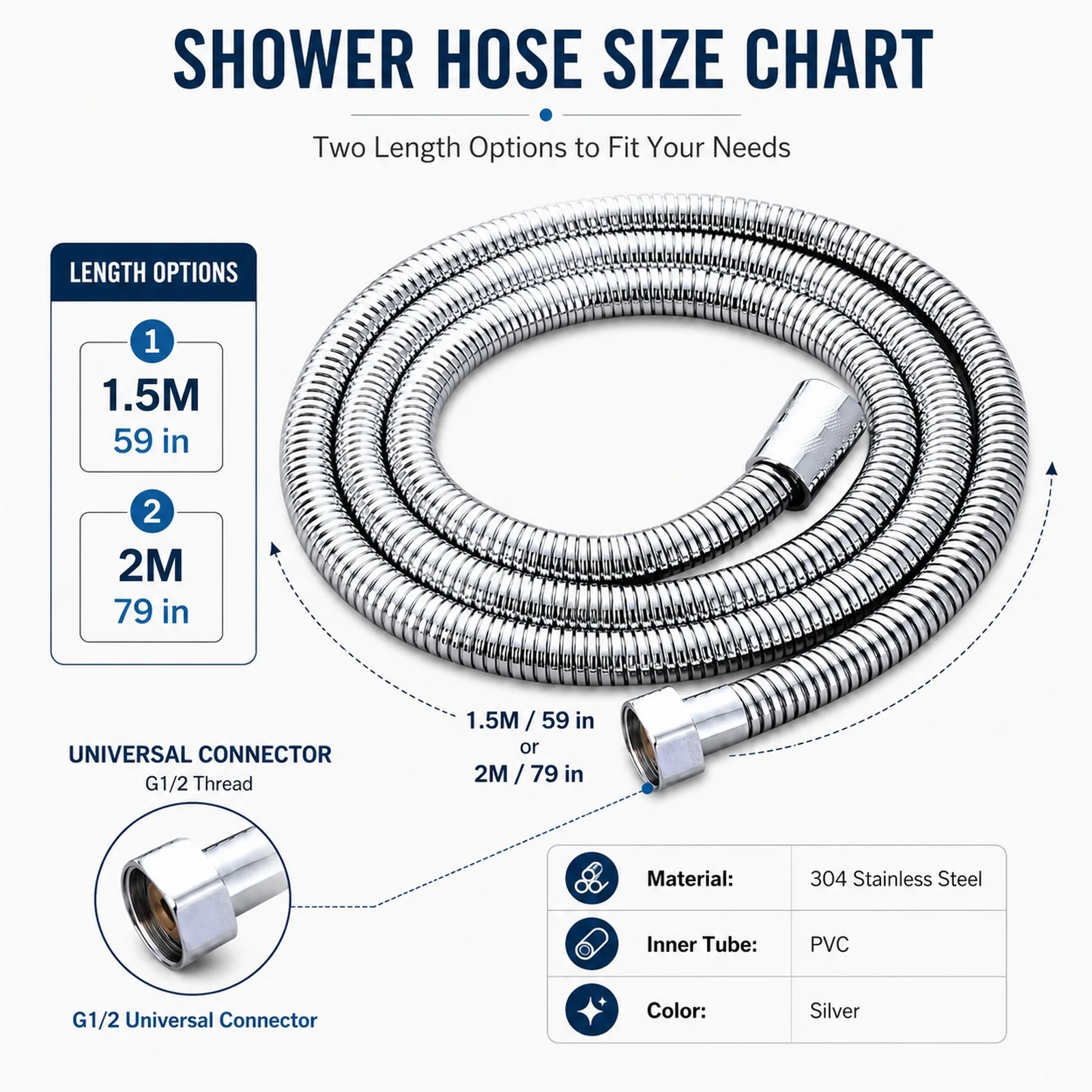 1-3Pcs 1.5m 2m Stainlesss Steel Shower Hose G1/2, Universal Anti-Twist Flexible Hose with Brass Connectors for Bathroom