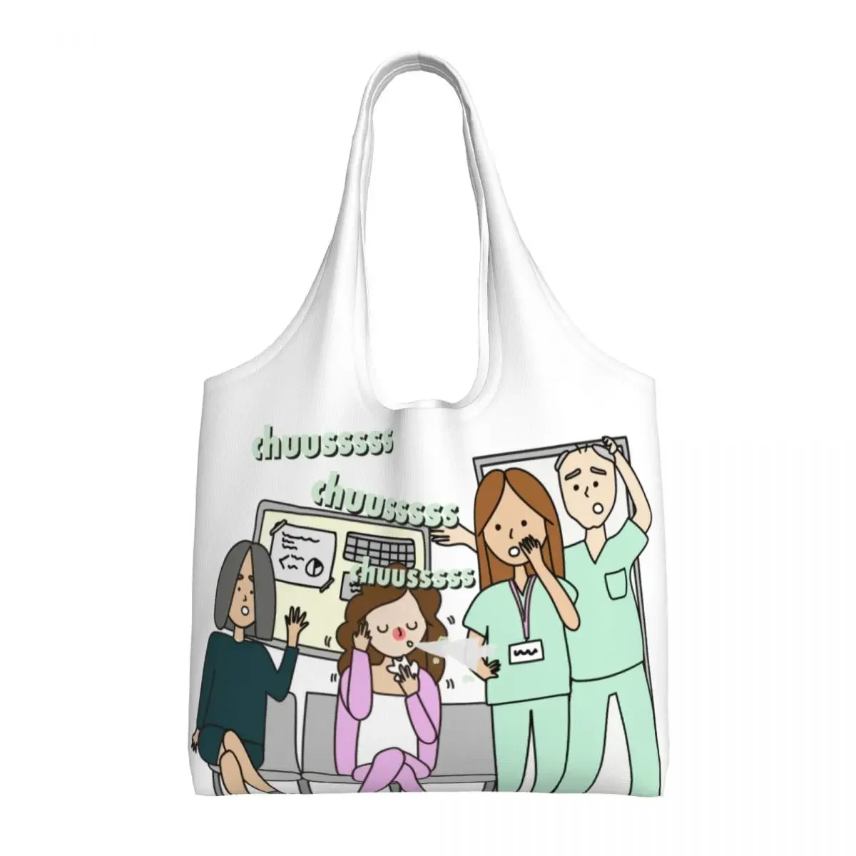 Custom Cute Printing Funny Cartoon Nurse Shopping Tote Bag Washable Canvas Shopper Shoulder Health Care Nursing Doctors Handbag