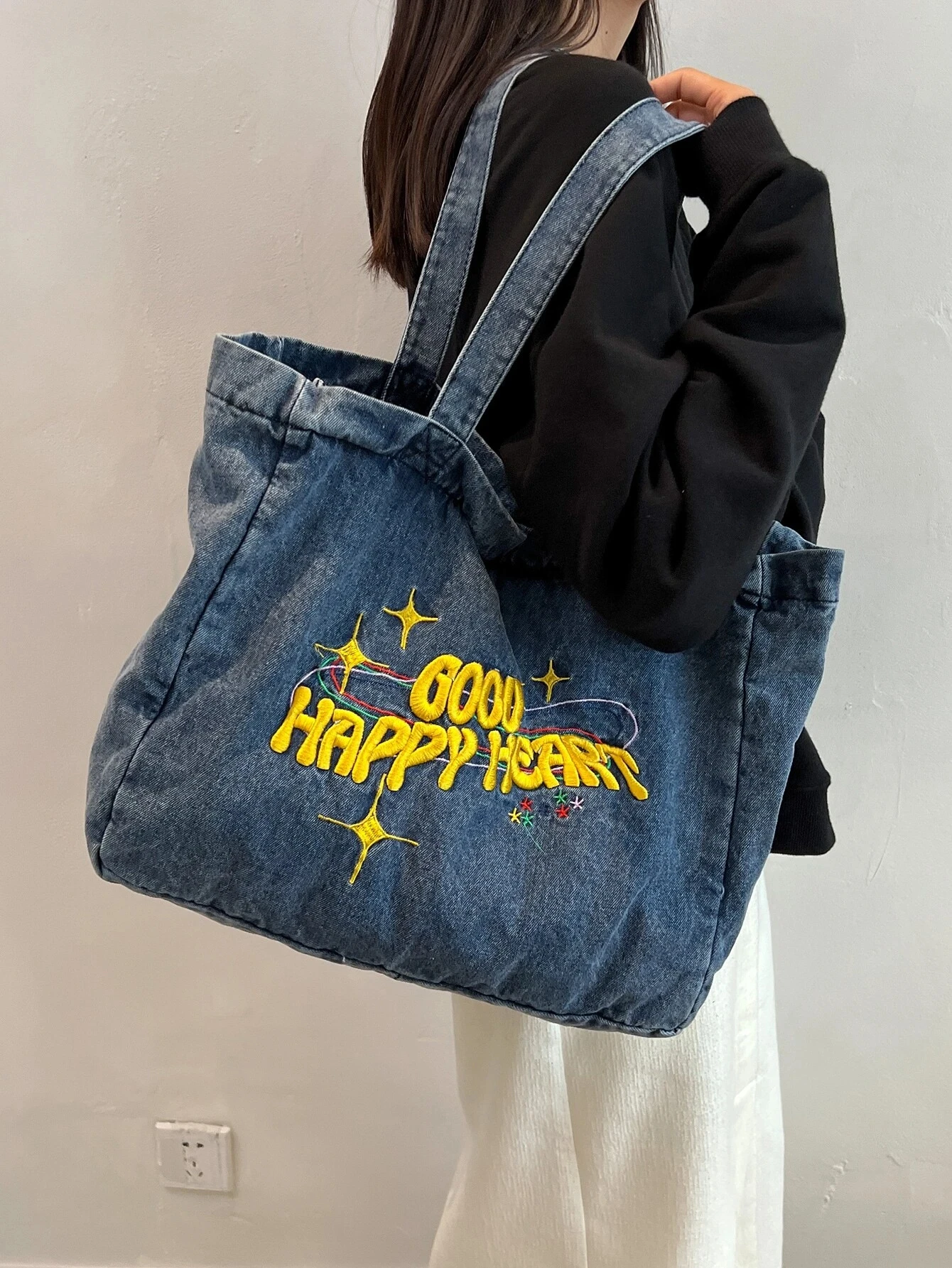 Trendy Denim Pattern Casual Travel Versatile Shoulder Tote Bag Star & Letter Embroidered Shopper Bag Fashionable Shoulder Bag