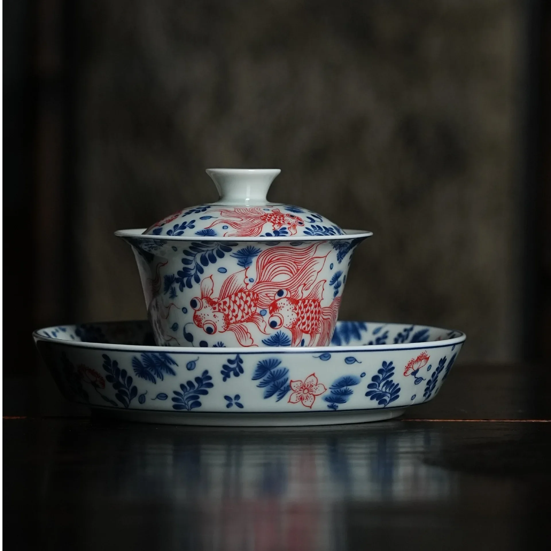 Blue and White Cover Bowl Retro Fish and Algae Pattern Hover Tea Maker Chinese Household Ceramic  Anti-scalding Kung Fu Tea Bowl