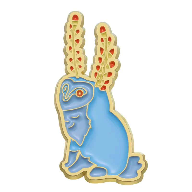 Cute Medieval Illustration Rabbit Enamel Pin Brooch Blue Wheat Ear Design Lapel Badge for Art Lovers Backpack Accessories view 3
