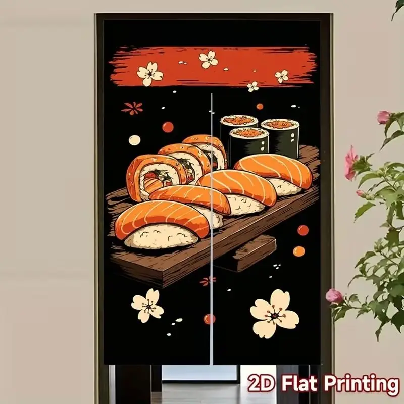 VIKAMA Japanese Entryway Curtain Retro Salmon Sushi Roll Pattern Fabric Half Curtain Privacy Divider Curtain Cozy Home Decor