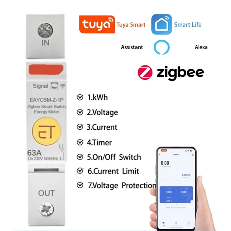 B04B-1P TUYA APP WIFI 계량 보호기 스마트 에너지 전력 소비 Kwh 미터 회로 차단기 시간 릴레이 스위치