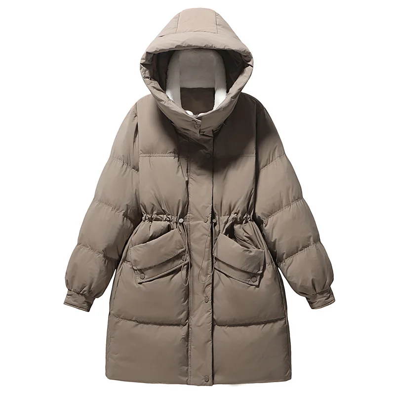 

Winter Long Detachable Lamb Wool Collar Down Jacket Women White Duck Down Drawstring Down Jackets Female Hooded Parker Outwears