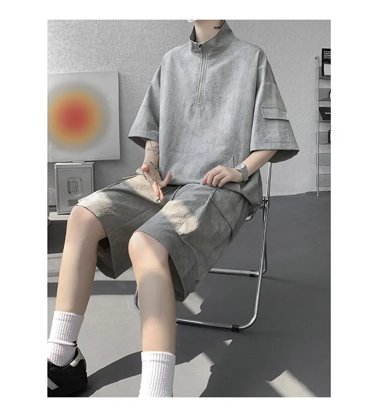 2026 Sommer Hong Kong Style Halb-Reißverschluss-Färbe-Set aus Eisseide mit Kühlfunktion, zweiteiliges Sportswear-Outfit im Hanfu-Stil mit kurzen Ärmeln – Detail 29