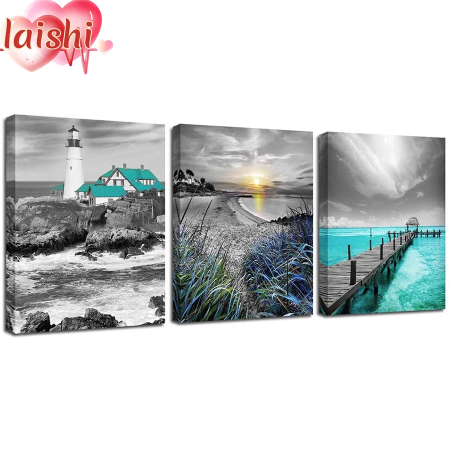 3pcs Ocean seascape blue modern lighthouse blue green coast sunset bridge gray Diamond Painting full square drill Home Decor