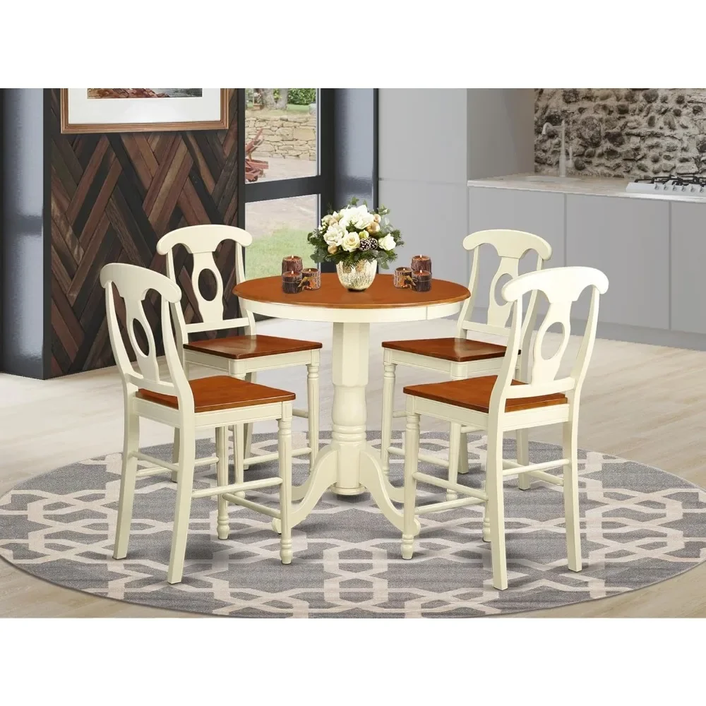 5 Piece Kitchen Counter Set Includes A Round Room Table With Pedestal And 4 Dining Chairs, 30x30 Inch||