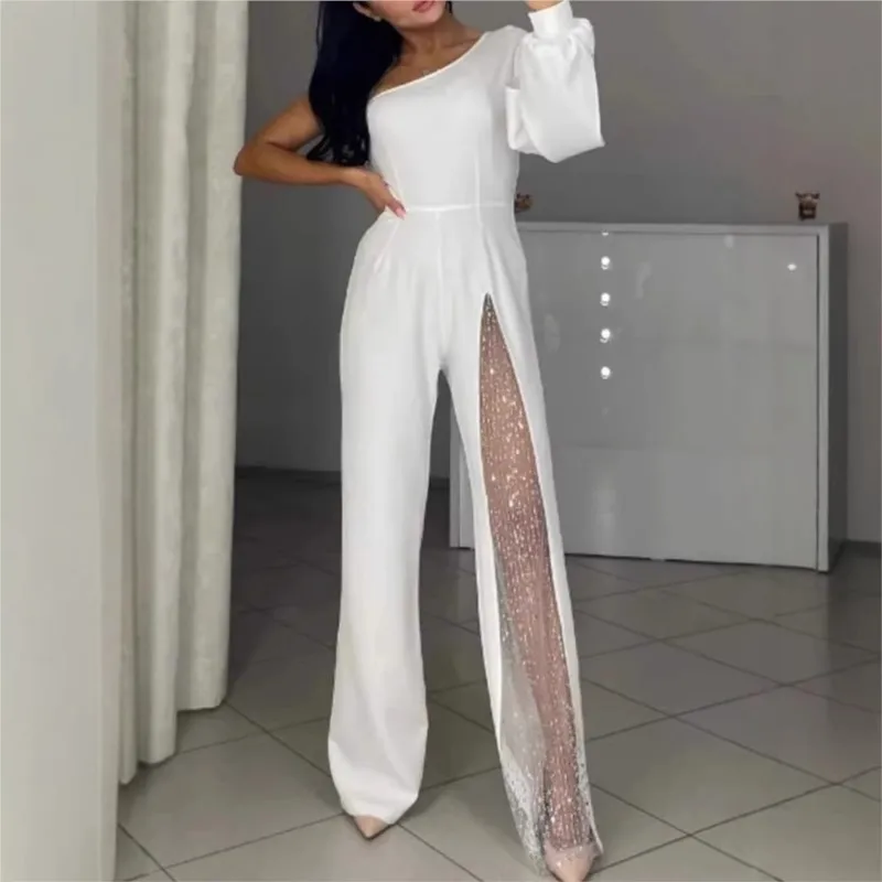 Fashion Sexy Jumpsuit 2026 Sping Summer Slanted Shoulder High Slit Jumpsuit Patchwork Mesh Solid Shoulder Sleeve Single Suit