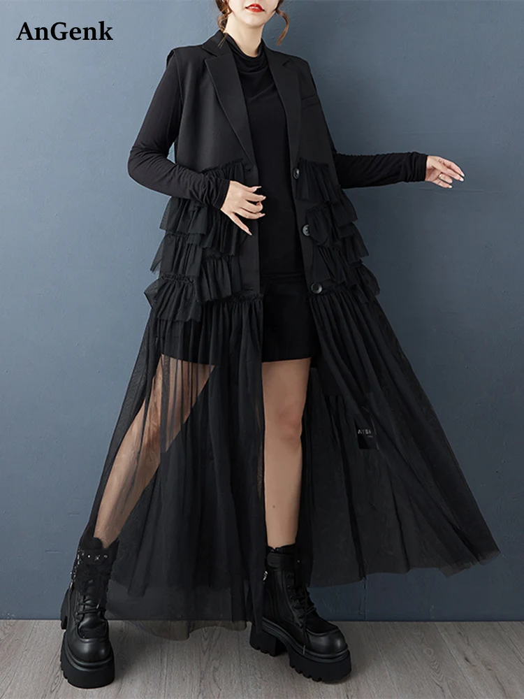 Mesh Patchwork Sleeveless Dresses For Women Black Vintage Loose Casual Long Dress Elegant Fashion Clothes New Spring Autumn 2026