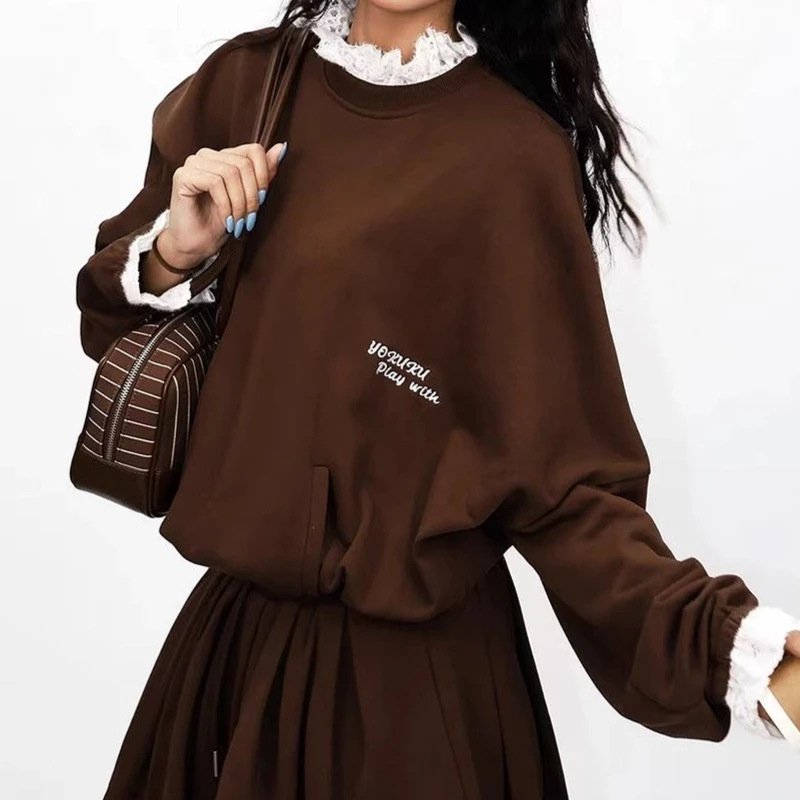 2025 outono inverno renda guarnição emenda vestido feminino americano retro design marrom y2k cordão cintura vestidos de emagrecimento senhoras