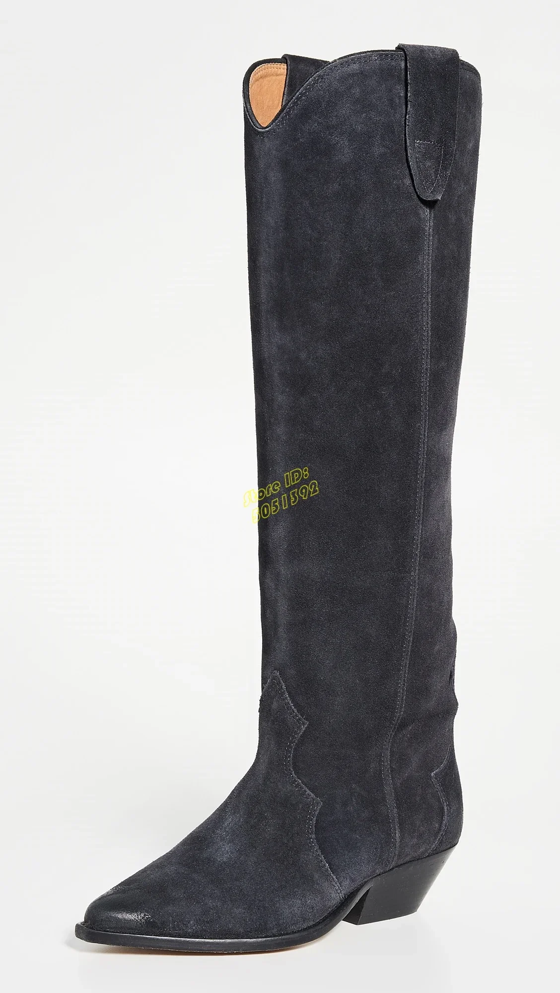 Black Suede Knee High Boots Block Heel Sexy Pointed Toe Middle Heel Handmade Western Cowboy Boots Black Leather New Arrivals
