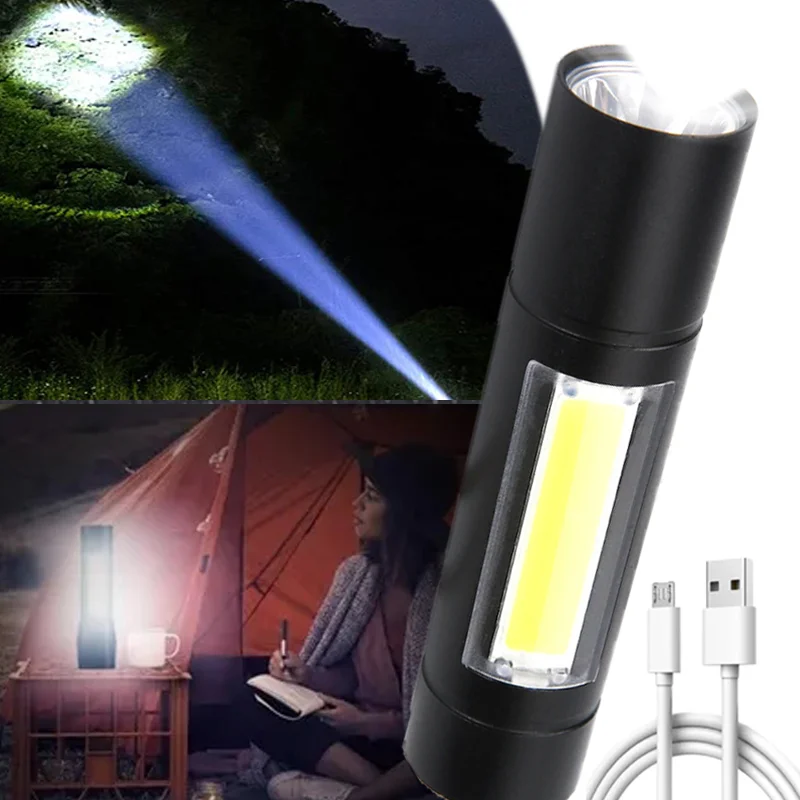 Portable Mini LED Flashlight XPE COB Flashlight with 3 Modes Rechargeable Zoom Flashlight Light Waterproof Camping Light