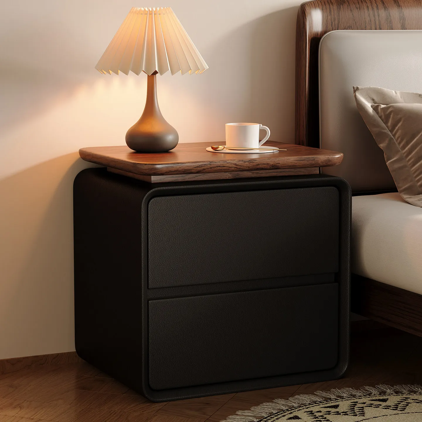 Modern Minimalist 2-drawer Cat-scratch-resistant Leather Solid Wood Bedside Table for Bedroom or Living Room Corners