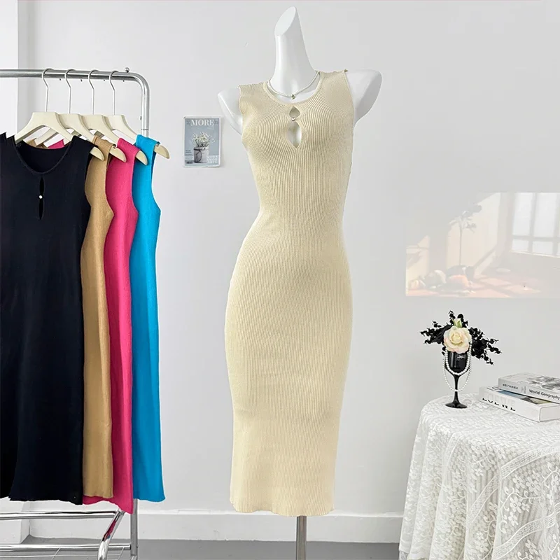 2025 نمط الشاطئ بلون محبوك فستان طويل س الرقبة أكمام Bodycon فساتين الجوف خارج مثير موضة فستان بوهيمي