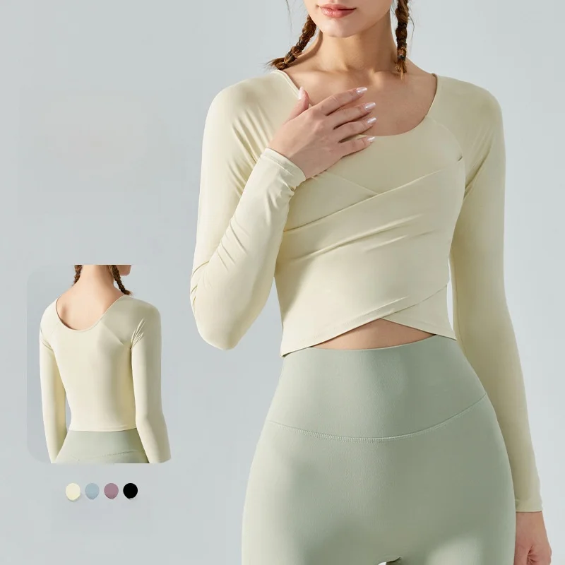 بدلة يوجا نسائية بأكمام طويلة متقاطعة، ملابس رياضية ضيقة مكشوفة السرة، ملابس غير رسمية صديقة للبشرة #1