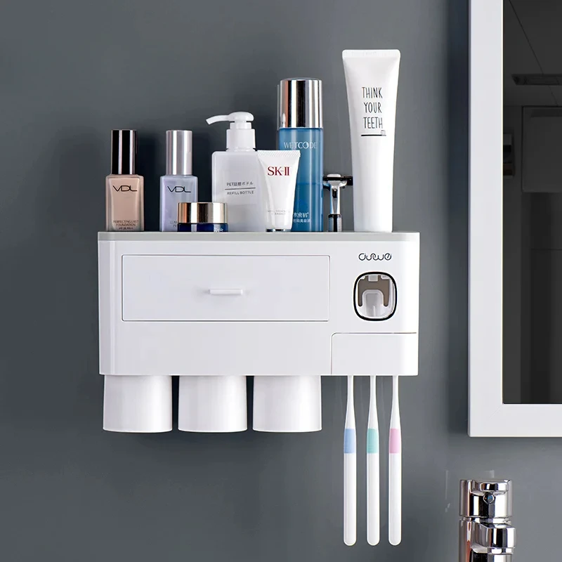 

New Design Wall Mounted Toothbrush Cup HolderMulti-Functional Slots Bathroom Organizer