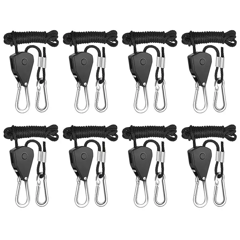 AEE4-1/8 Inch Adjustable Grow Light Hangers Nylon Lifting Rope 8Pcs 2.4M Long Heavy Duty Rope Ratchet For Grow Tent & Gardening