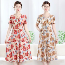 Nadruk w stylu Vintage, dekolt V, letnia sukienka, kobiety, dorywczo, krótkie rękawy, linia, skrzydła, eleganckie sukienki, kobieta, Vestidos