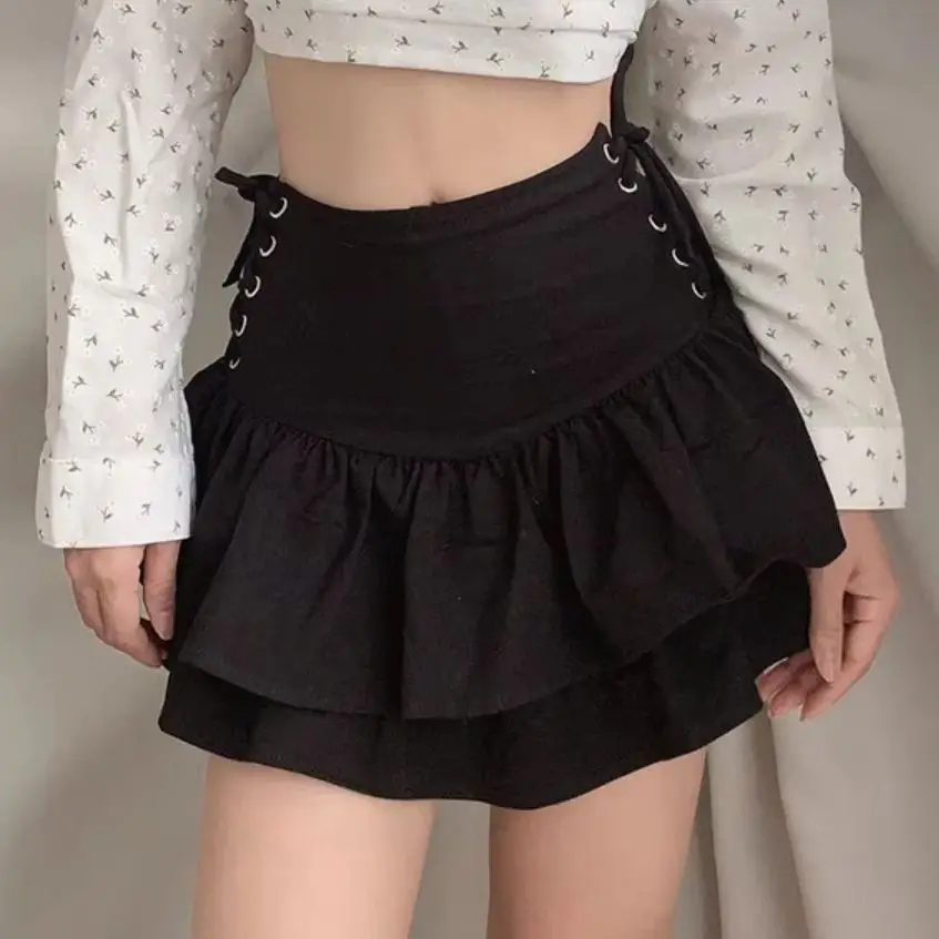 Y2k Sexy Minirock mit Hoher Taille, Schnürung und Spitze, Plissierter A-Linien-Rock, Elegante Damenröcke im Dunklen Gothic Punk Mall Goth Streetwear-Stil