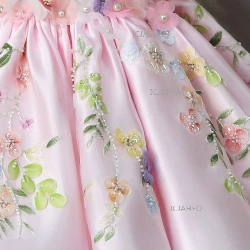New Handmade Applique Puff Sleeve Princess Dress Girls Gown Pageant Formal Party  Childrens Birthday Celebration Elegant Outfit view 5