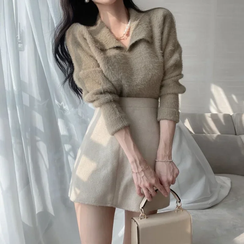 Fluffy Pullover Woman Turn Down Collar Solid Color Korean Fashion Long Sleeve Pullovers Sweet Soft Sweater Female V1652