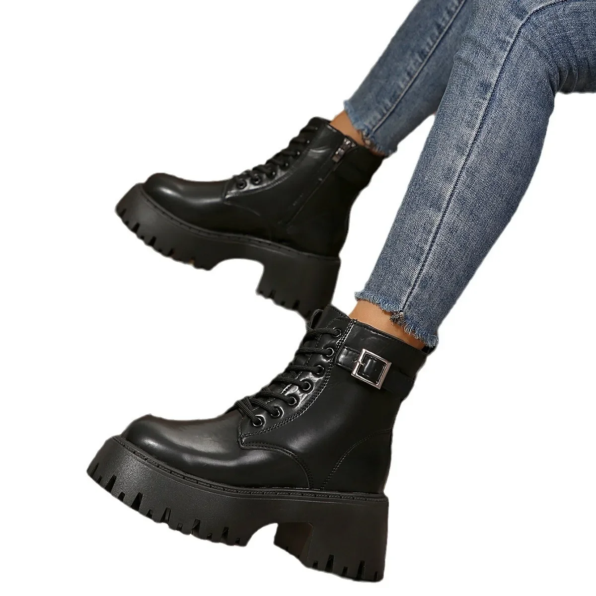 Botas de plataforma con cordones untuk mujer, botines de motocicleta, cutapak, zapatos Oxford de cuero negro, novedad