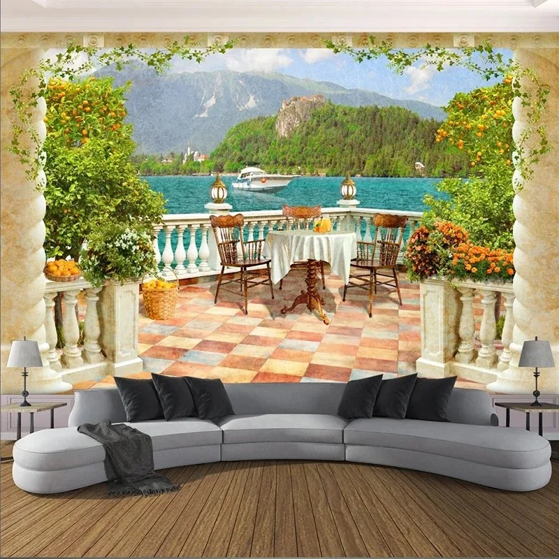 Custom Photo Wall Papers 3D Pillar Balcony Lake View Murals Living Room Bedroom Restaurant Background Wallpaper Roll Home Decor