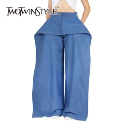 Twotwinstyle calças jeans soltas para as mulheres, cor sólida, cintura alta, bolsos patchwork, minimalista, perna larga, moda, novo estilo