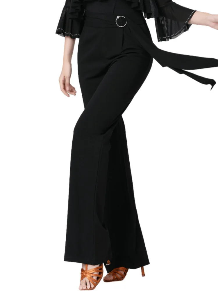 กางเกงเต้นรําบานเอวสูงสีทึบพร้อมสายรัดเอว – กางเกงการแสดงห้องบอลรูมสมัยใหม่ของผู้หญิง