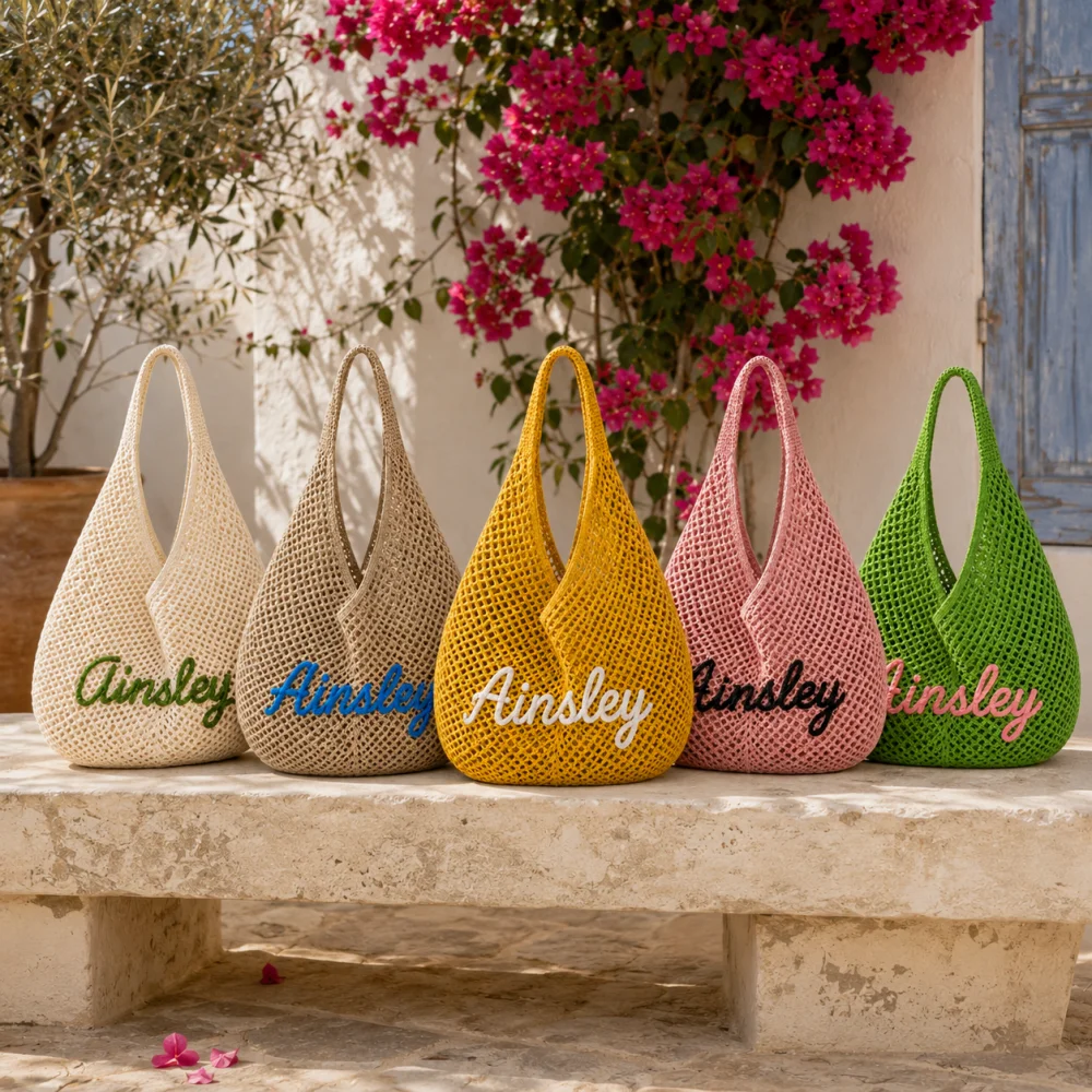 Embroidery Names - Custom Name Rope‑Embroidered Straw Hobo Bag