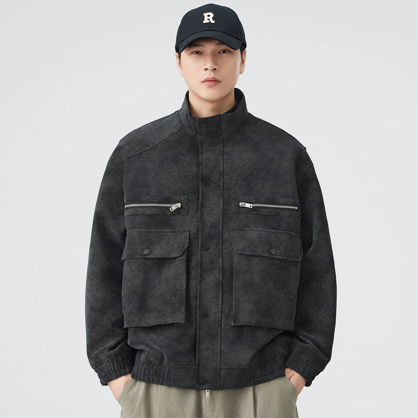 

Autumn Stand Collar Motorcycle Jacket Men Fashion Vintage Loose Casual Leather Jacket Women Streetwear Cargo Coat Outerwear