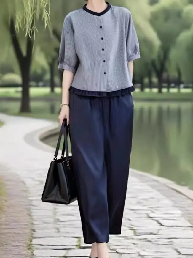 

Летний повседневный женский комплект: рубашка и шорты с эластичным поясом, в стиле Харлан, с коротким рукавом, в полоску, с деревянным воротником, на пуговицах