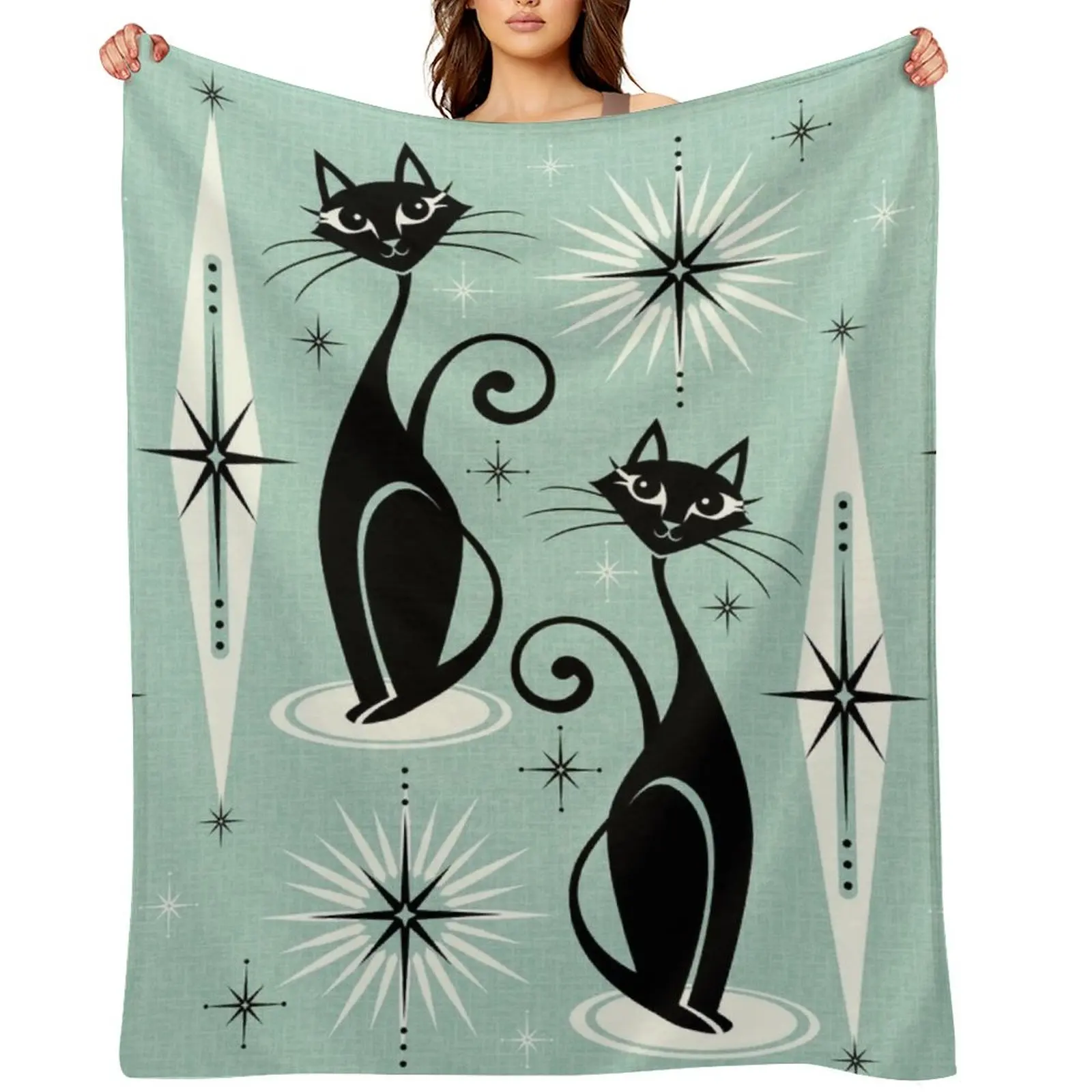 Mid Century Meow Retro Atomic Cats on Vintage Mint ?studioxtine Throw Blanket Sleeping Bag Thins Bed Fashionable Blankets