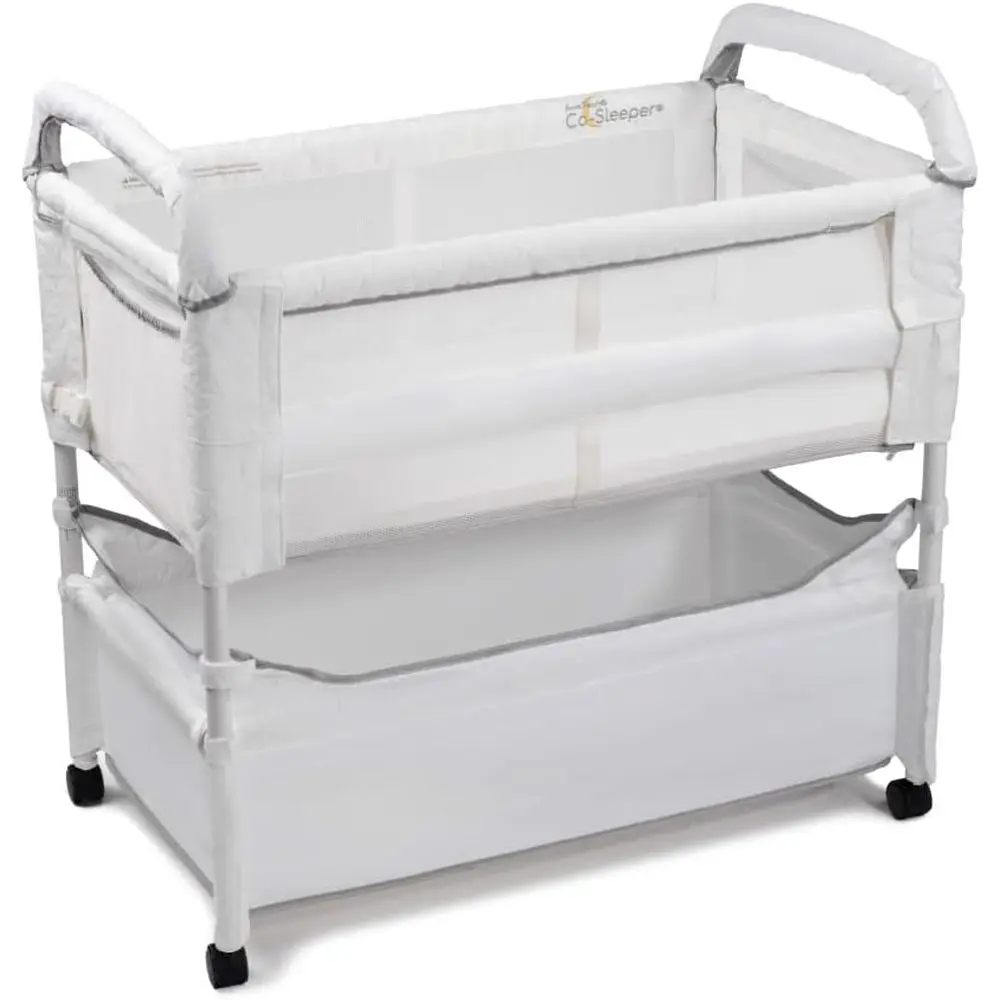 Clear-Vue Mesh Co-Sleeper Bassinet with Down-Side, Storage Basket, 4 Wheels, Adjustable Legs, White
