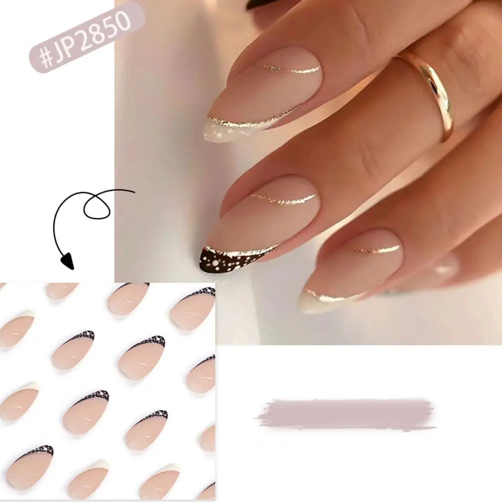 

Manicure Long Almond False Nails French White Edge Fake Nials Detachable Bow Press on Nails DIY