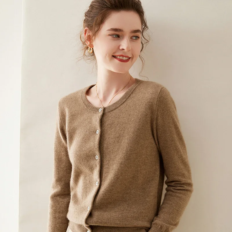 LDZWSM Fashion Long Sleeve  Sweaters Cashmere Spring Autumn Cashmere Women Knitted O-Neck Top Cardigan Clothing Tops