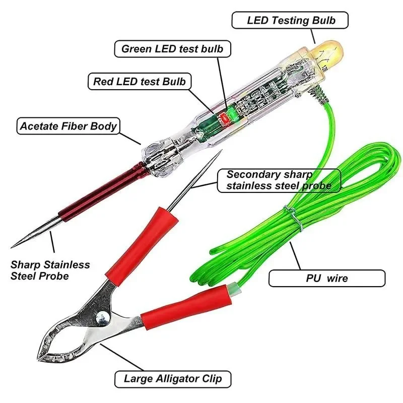 1pc Automotive LED Circuit Tester 6-24V Test Light with Dual Probes 47 Inch Antifreeze Wire Alligator Clip for Testing