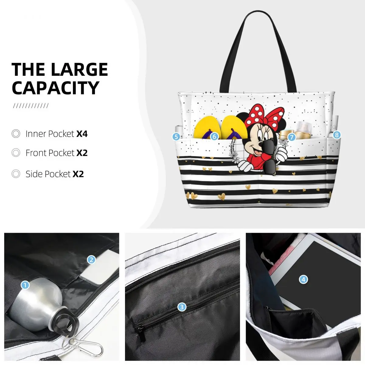 Custom Large Cute Minnie Mouse Tote Bag for Women Cartoon Mickey Shopping Shoulder Beach Gym Travel Bag