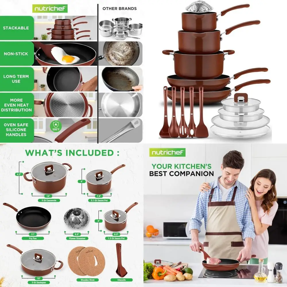 

17-предметный набор посуды с антипригарным покрытием - коричневые кастрюли и сковороды со складными ручками, совместимые с индукционными плитами