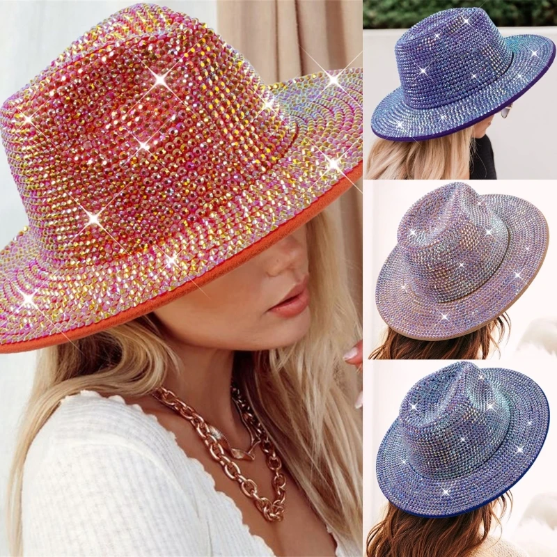 Adult Glitter Rhinestones Cowboy Hat Vintage Western Jazz Disco Party Hat Women Casual Solid Wide Brim Cowgirl Cap Photo Props