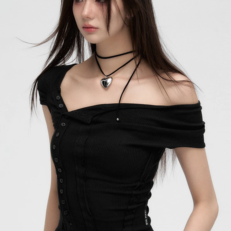 Short-Sleeved T-shirt Women's Cotton Gradient Tie-Dye Fashion Slim Irregular Button Shoulder Stitching Spring Summer Fashion Top