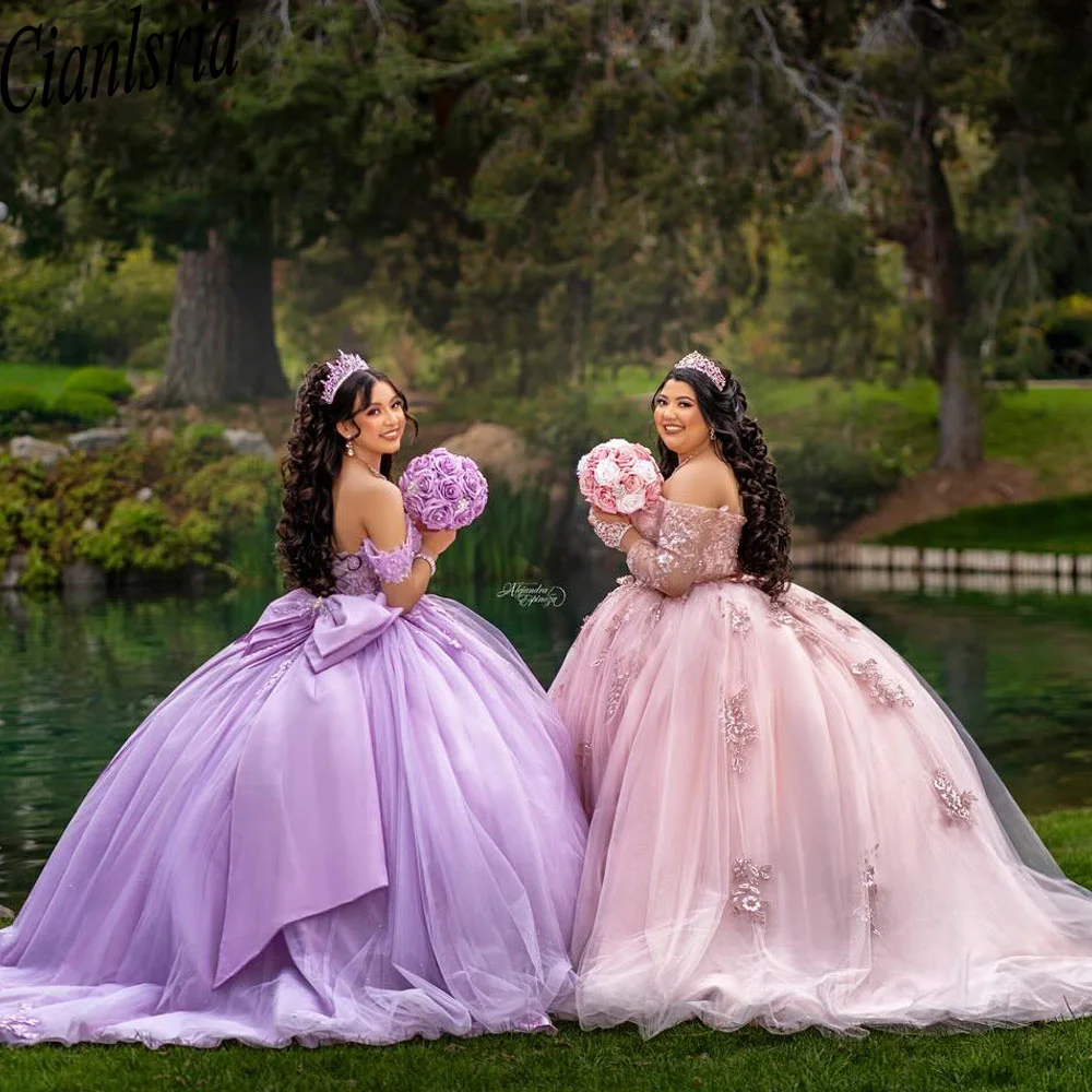 Luxury Ball Gown Quinceanera Dresses For Women Appliques Bridal Gowns Long Sleeves Off-Shoulder Party Prom Court Train Dresses