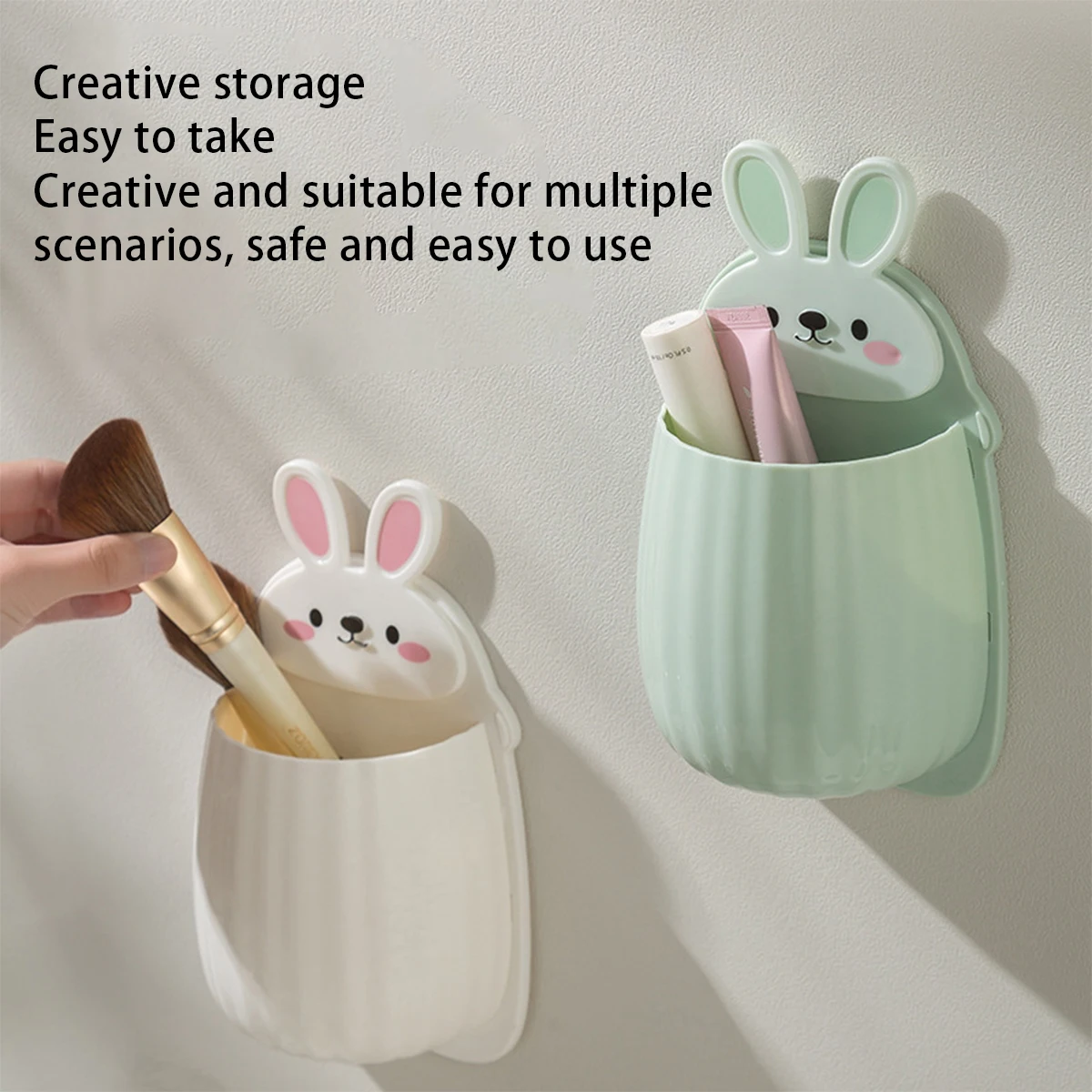 Cute Cartoon Rabbit Bathroom Toothbrush Holder Punch Free Wall Mounted Makeup Storage Box Home Container Organizer