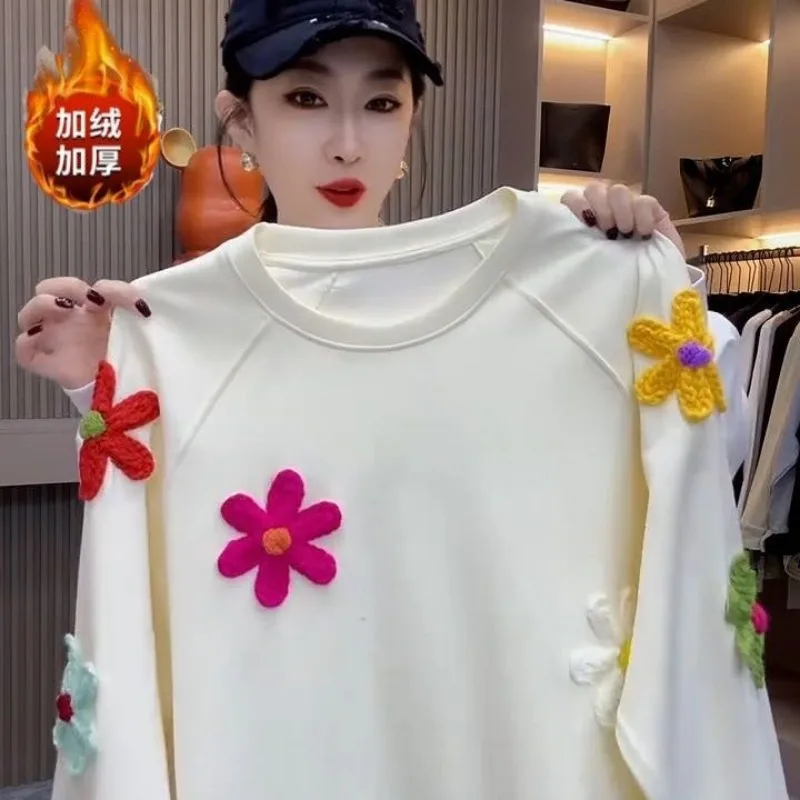 

2025 Autumn and Winter Three-dimensional Flower Mid-length Sweatshirt Long-sleeved Modern Age-reducing Loose Versatile Top
