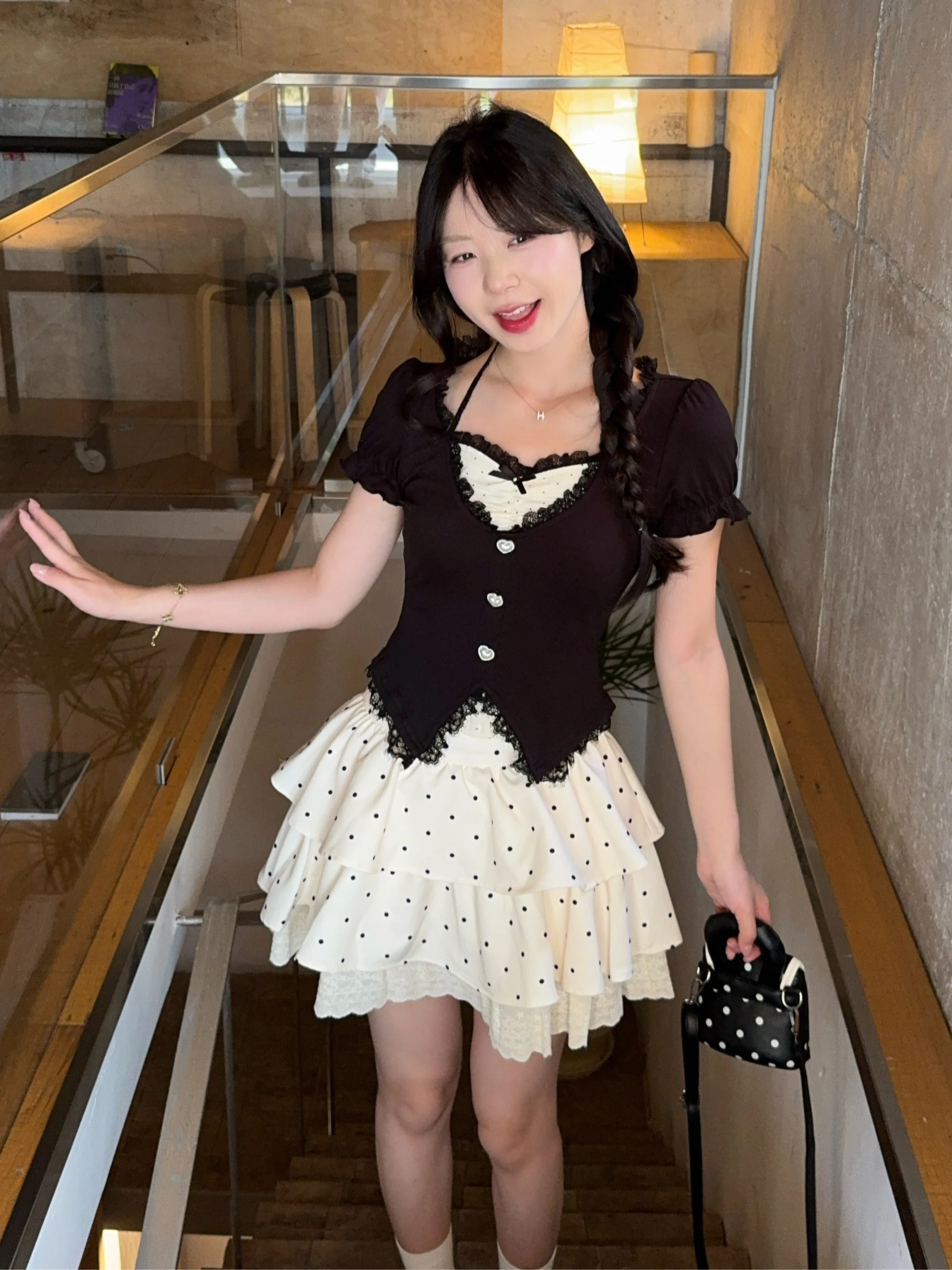 

Slimming Sweet Summer Outfit Women's Black Short Sleeve Top And High Waist Skirt Set Breathable Casual Style Fashionable plus...