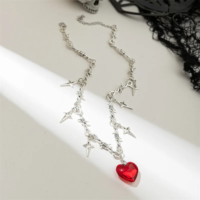 Punk Red Heart Pendant Necklace Bramble Cross Collar Chains Jewelry For Women Girls Blood Heart Crystal Necklace Accessories